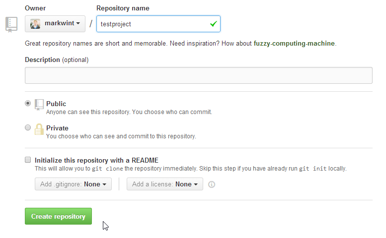 GitHub create new repository form