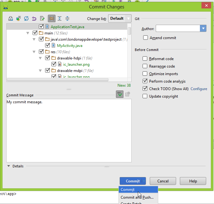 Android Studio "Commit Changes" option