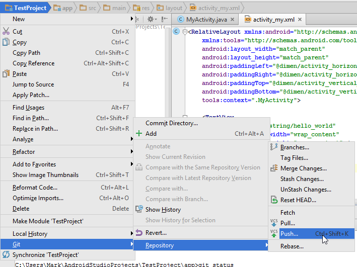 Android Studio "Git Push" option