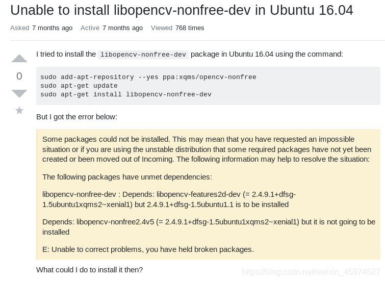 Unable to install libopencv-nonfree-dev in Ubuntu 16.04