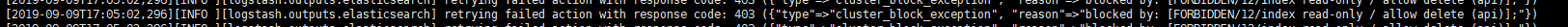 Elasticsearch exception [ reason=blocked by: [FORBIDDEN/12/index read-only / allow delete (api)