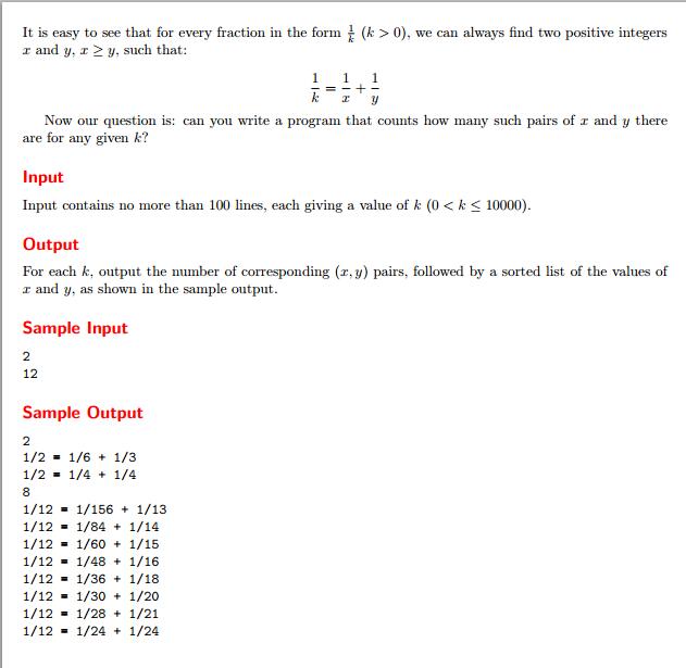 UVa - 10976 - Fractions Again?!(ö)