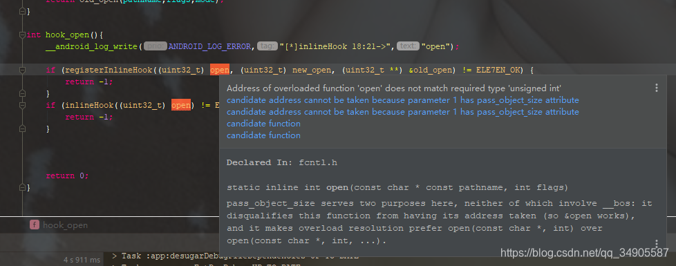 inline hook open Address of overloaded function open does not match required type unsigned int