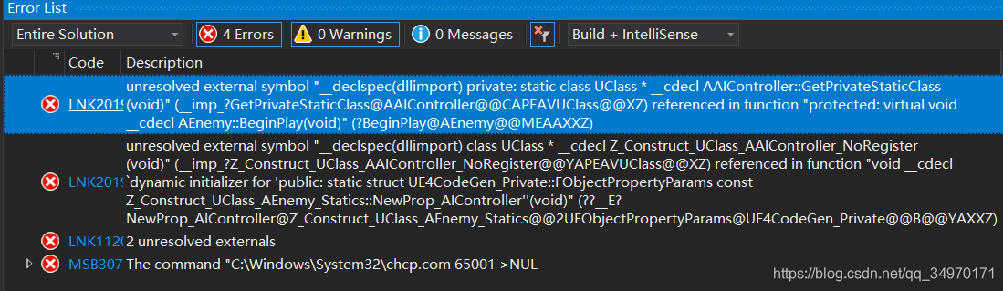 UE4 Ϣunresolved external symbol __declspec(dllimport) private: static class UClass * __cdecl AA